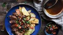 Pork blade steaks with roasted sweet potatoes and red-pepper salsa Pork blade steaks with roasted sweet potatoes and red-pepper salsa