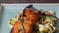 Sake Glazed Salmon with Garlic Chive Egg Noodles Sake Glazed Salmon with Garlic Chive Egg Noodles