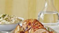 Spicy Fruit-Stuffed Pork Loin with Roasted Pears and Onions Spicy Fruit-Stuffed Pork Loin with Roasted Pears and Onions