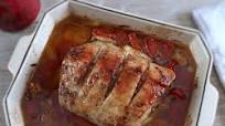 Roasted pork loin with tomato and onion Roasted pork loin with tomato and onion