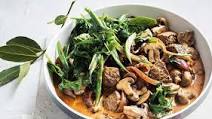 Beef and mushroom stroganoff with garlic spinach and beans Beef and mushroom stroganoff with garlic spinach and beans