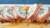 Bacon Wrapped Pork Loin Stuffed with Herbed Goat Cheese, Spinach, & Mushrooms Bacon Wrapped Pork Loin Stuffed with Herbed Goat Cheese, Spinach, & Mushrooms