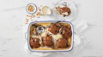 Hot Cross Bun Slab Pudding with Caramilk, White Chocolate Custard Hot Cross Bun Slab Pudding with Caramilk, White Chocolate Custard