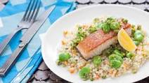 Pan-Seared Salmon over Whole Wheat Israeli Couscous with Fava Bean-Olive Relish Pan-Seared Salmon over Whole Wheat Israeli Couscous with Fava Bean-Olive Relish
