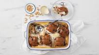 Hot Cross Bun Slab Pudding with Caramilk, White Chocolate Custard Hot Cross Bun Slab Pudding with Caramilk, White Chocolate Custard