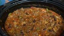 Chili with ground beef, pork sausage, and vegetables Chili with ground beef, pork sausage, and vegetables