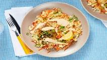 Mediterranean Chicken Cutlets with Carrot Couscous and Harissa Crema Mediterranean Chicken Cutlets with Carrot Couscous and Harissa Crema