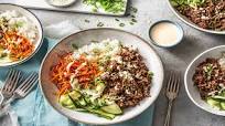 Ground Beef Bulgogi Bowls with Carrots, Cucumber, and Sriracha Crema over Jasmine Rice Ground Beef Bulgogi Bowls with Carrots, Cucumber, and Sriracha Crema over Jasmine Rice
