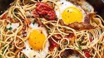 Spaghetti With Fried Duck Eggs, Tomatoes & Shallots Spaghetti With Fried Duck Eggs, Tomatoes & Shallots