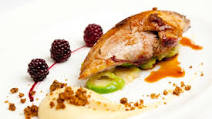 Pan-fried pheasant breast with parsnip purée, parkin and pickled brambles Pan-fried pheasant breast with parsnip purée, parkin and pickled brambles