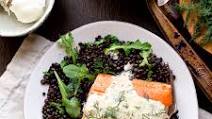 Salmon with Dill Sauce and Beluga Lentils Salmon with Dill Sauce and Beluga Lentils