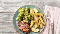 Cherry-and-Balsamic-Glazed Pork Chops with Crispy Broccoli and Potatoes Cherry-and-Balsamic-Glazed Pork Chops with Crispy Broccoli and Potatoes