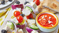 Greek salad kebabs with red pepper dip Greek salad kebabs with red pepper dip