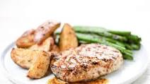 Grilled Pork Chop with Whole Grain Dijon Sauce with red potatoes and green beans Grilled Pork Chop with Whole Grain Dijon Sauce with red potatoes and green beans