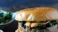 Spicy Pork Korean Burger with Gochujang Mayo and Korean Spinach Spicy Pork Korean Burger with Gochujang Mayo and Korean Spinach