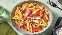 Creamy Pork & Roast Veggie Penne with Grated Parmesan Cheese Creamy Pork & Roast Veggie Penne with Grated Parmesan Cheese