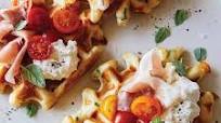Savory Cheesy Herb Waffle Topped with Burrata, Tomato and Prosciutto Savory Cheesy Herb Waffle Topped with Burrata, Tomato and Prosciutto
