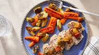 Pork Chops & Maple-Sage Pan Sauce with Roasted Brussels Sprouts & Carrots Pork Chops & Maple-Sage Pan Sauce with Roasted Brussels Sprouts & Carrots