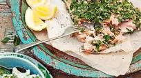 Tahini and tabouli salmon with chunky tzatziki salad Tahini and tabouli salmon with chunky tzatziki salad