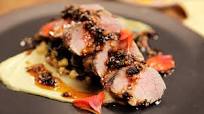 Marinated Pork Tenderloin with Corn Puree, Quick Braised Greens & Hazelnut Salsa Macha Marinated Pork Tenderloin with Corn Puree, Quick Braised Greens & Hazelnut Salsa Macha