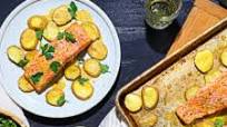 Bobby Flay's Sheet Pan Salmon with Roasted Potatoes and Creamy Meyer Lemon Dressing Bobby Flay's Sheet Pan Salmon with Roasted Potatoes and Creamy Meyer Lemon Dressing
