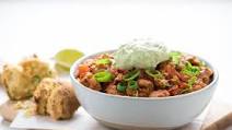 Texas Turkey Chili and Cornbread with avocado crema and green onions Texas Turkey Chili and Cornbread with avocado crema and green onions