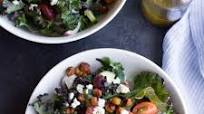 Kale Greek Salad with Roasted Chickpea Croutons Kale Greek Salad with Roasted Chickpea Croutons