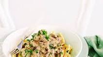 Beef Stroganoff with parsley garnish Beef Stroganoff with parsley garnish