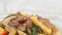 Japchae: Korean Stir-fried Cellophane (Glass Noodles), Beef and Vegetables Japchae: Korean Stir-fried Cellophane (Glass Noodles), Beef and Vegetables