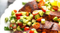 Blackened Salmon with Cucumber, Tomato and Avocado Salad Blackened Salmon with Cucumber, Tomato and Avocado Salad