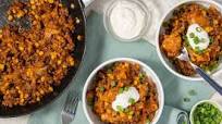 One-Pan Beef Enchilada Skillet with cheddar-jack and green onions One-Pan Beef Enchilada Skillet with cheddar-jack and green onions