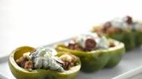 Greek Pork Stuffed Peppers with dill tzatziki, feta and olives Greek Pork Stuffed Peppers with dill tzatziki, feta and olives