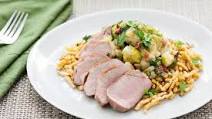 Pan-Roasted Pork Tenderloin with Brown Butter-Spaetzle, Roasted Brussels Sprouts & Granny Smith Apple Pan-Roasted Pork Tenderloin with Brown Butter-Spaetzle, Roasted Brussels Sprouts & Granny Smith Apple