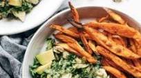 Avocado Kale Caesar Salad + Sweet Potato Fries Avocado Kale Caesar Salad + Sweet Potato Fries
