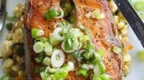 Grilled Salmon Steak with Green Onion Vinaigrette Grilled Salmon Steak with Green Onion Vinaigrette