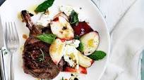 Grilled veal cutlets with peach, mozzarella and basil Grilled veal cutlets with peach, mozzarella and basil