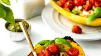 Spaghetti Squash with Pesto, Mozzarella, & Roasted Tomatoes Spaghetti Squash with Pesto, Mozzarella, & Roasted Tomatoes