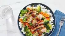 Seared Pork & Sweet Chili Glaze with White Rice & Sautéed Vegetables Seared Pork & Sweet Chili Glaze with White Rice & Sautéed Vegetables
