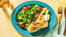 Pulled Pork Chimichangas with Beans, Avocado Salsa, Salad and Sour Cream Pulled Pork Chimichangas with Beans, Avocado Salsa, Salad and Sour Cream