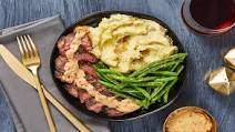 Bavette Steak & Sherry Shallot Sauce with Crème Fraîche Mashed Potatoes & Roasted Green Beans Bavette Steak & Sherry Shallot Sauce with Crème Fraîche Mashed Potatoes & Roasted Green Beans