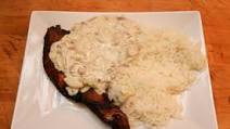 Pork London broil with a creamy mushroom and cucumber sauce Pork London broil with a creamy mushroom and cucumber sauce