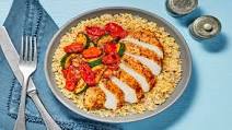 Tuscan Chicken over Bulgur Pilaf with Balsamic Zucchini & Tomatoes Tuscan Chicken over Bulgur Pilaf with Balsamic Zucchini & Tomatoes