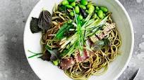 Sesame-crusted bonito and edamame with green-tea soba noodles Sesame-crusted bonito and edamame with green-tea soba noodles