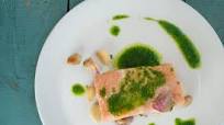 Slow-baked Coho Salmon with Roasted Garlic, Shallots and Chive Oil Slow-baked Coho Salmon with Roasted Garlic, Shallots and Chive Oil