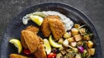 Smoor snoek fishcakes with salsa verde mayonnaise, mediterranean potato bake and greek salad Smoor snoek fishcakes with salsa verde mayonnaise, mediterranean potato bake and greek salad