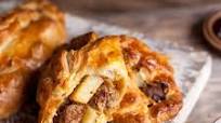 Sausage and potato pasties with buttered greens Sausage and potato pasties with buttered greens