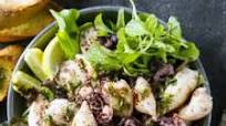Lemony squid with baby leaves and Bruschetta Lemony squid with baby leaves and Bruschetta
