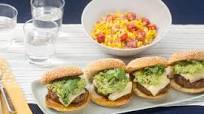 Southwestern Cheeseburgers with Guacamole & Sautéed Corn-Tomato Salad Southwestern Cheeseburgers with Guacamole & Sautéed Corn-Tomato Salad