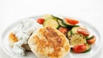 Fish Cakes and Tzatziki Sauce with zucchini and grape tomatoes Fish Cakes and Tzatziki Sauce with zucchini and grape tomatoes
