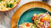 Crispy Bean Tostadas with Smashed Avocado and Jicama-Cilantro Slaw Crispy Bean Tostadas with Smashed Avocado and Jicama-Cilantro Slaw